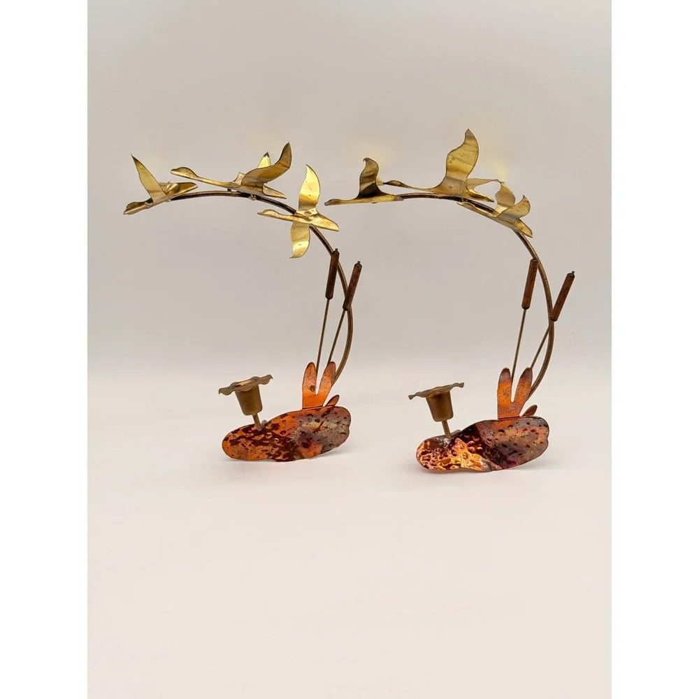 Vintage Brutalist Brass Copper Flying Geese Cattails Candle Holder Set Pair MCM